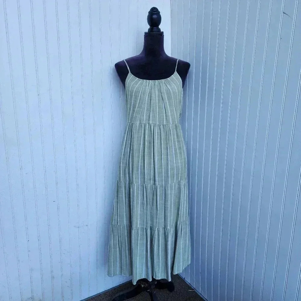 Robbie Bee Green White Stripe Strap Rayon Maxi Dress Tank Sz PM